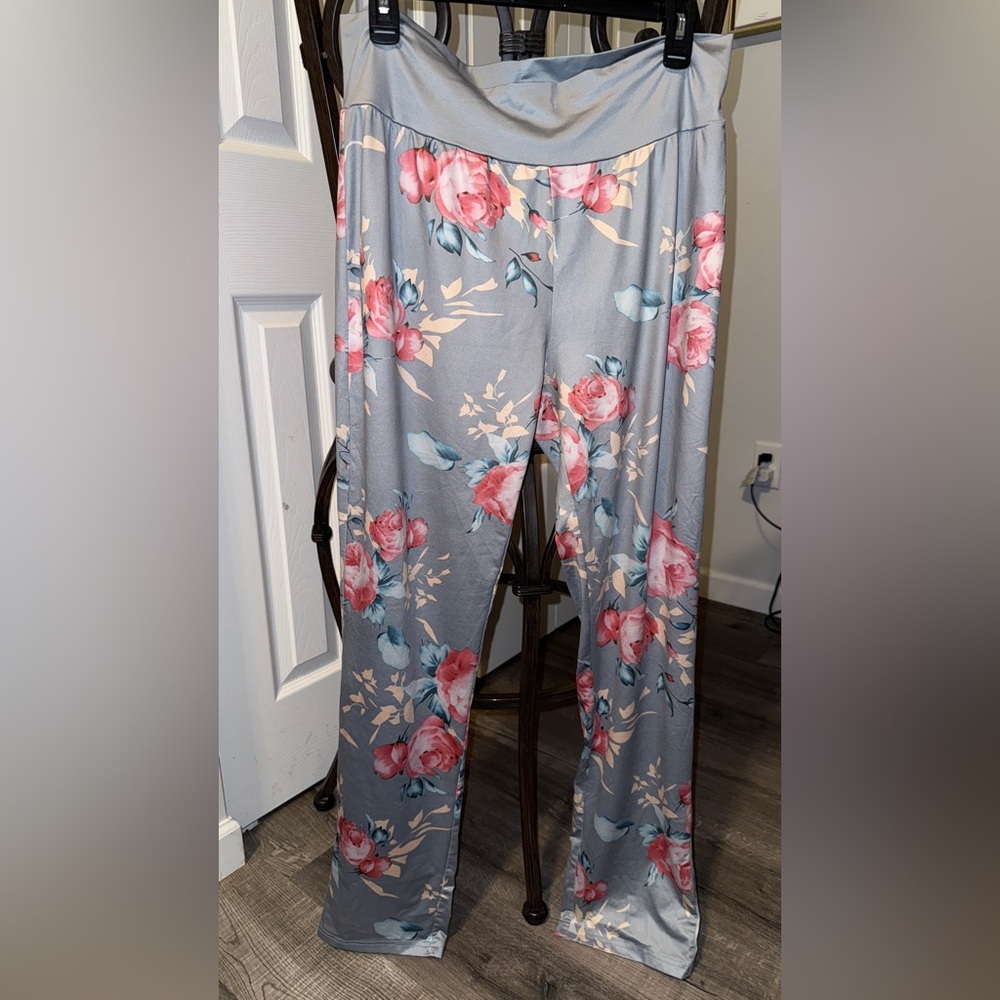 Floral Silver and Pink Wide-Leg Pants